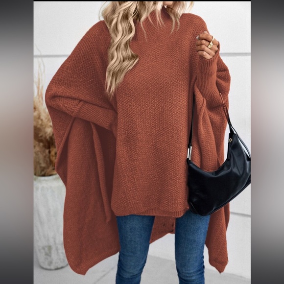 Cozy Mock Neck Dolman Sleeve High Low Hem knit Sweater Cape - Picture 16 of 16